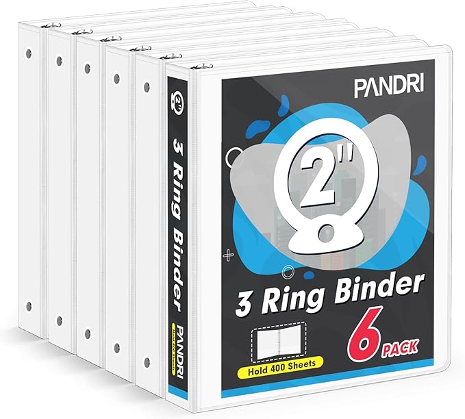 3 Ring Binder 2 Inch, PANDRI 6 Pack 2-Inch Binder Fits Letter Size 8.5'' x 11'' Paper, Versatile Binders for Office Home School, 2 Pockets, White