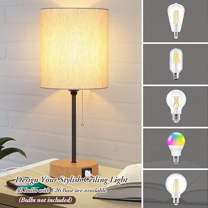 Table Lamps Set of 2 with USB Charging Ports, Bedside Lamps with AC Outlet, Nightstand Lamps with Pull Chain Switch, Minimalist Modern Desk Lamps with Flaxen Shade for Living Room Bedroom Office