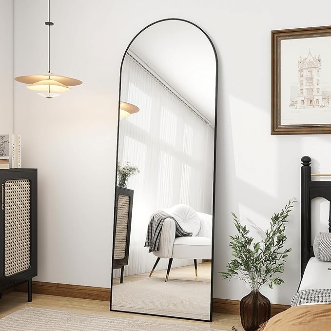 Simple Deluxe Arched Wall Mirror Full Length, 59"x16" Floor Mirror with Stand, Full Length Body Floor, Wall Mounted Mirror for Bedroom, Black