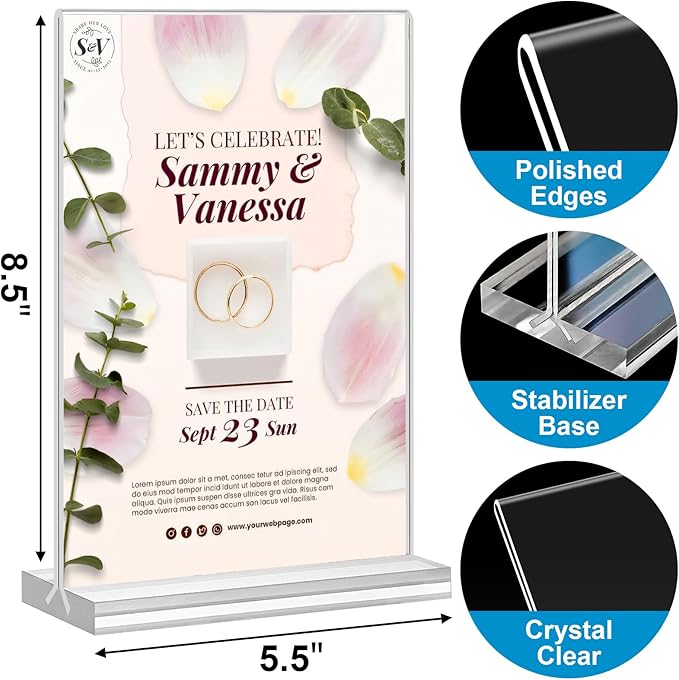 Acrylic Sign Holder 5.5 x 8.5, 10 Pack Double-Sided Stand up Table Top Clear Sign Holders, T Shape Plastic Acrylic Picture Frame Menu Flyer Paper Holder Display Stands for Office Store Wedding Party