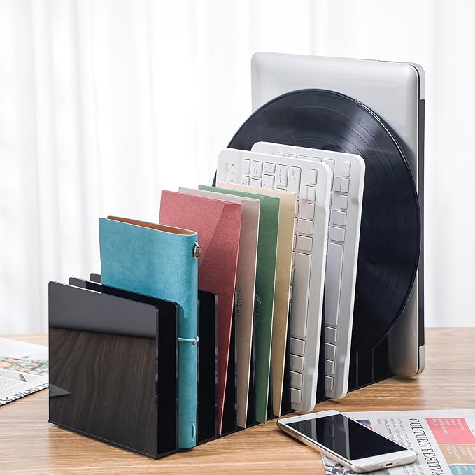 Ctosree Acrylic File Organizer for Desk Vertical 15 Compartments File Sorter Mail Organizer Desktop Countertop Folder Stand Racks for Office Home School Desk(Rectangle,Black)