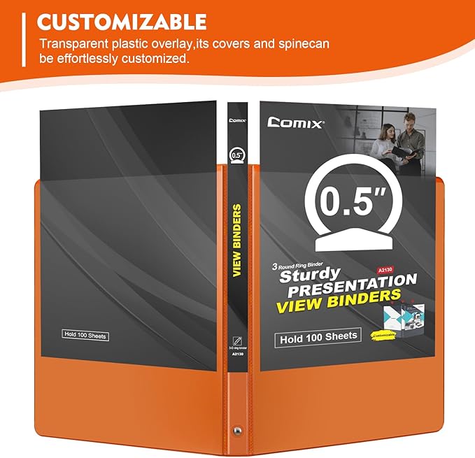 COMIX 3 Ring Binder 1/2 inch with Clear View Cover, 0.5" View Binder Holds 100 Sheets of US Letter Size Paper, 6 Pack (Orange)