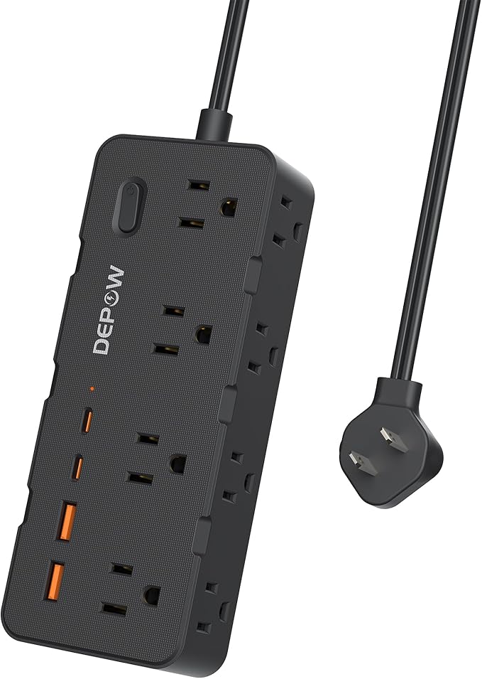 Black 2 Prong Power Strip, 2 to 3 Prong Outlet Adapter with 8 AC & 4 USB Ports (2 USB C), 6 FT Extension Cord, 1700J Two Prong Surge Protector, Wall Mountable, Ideal for Old House