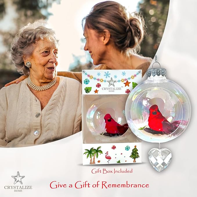 Cardinal Christmas Ornament - Handmade Shatterproof Decorations for Indoor Outdoor Xmas Tree - Clear Ball Ornaments with Magnetic Crystal - Great Gift or Stocking Stuffer for Mom, Sister, Friend