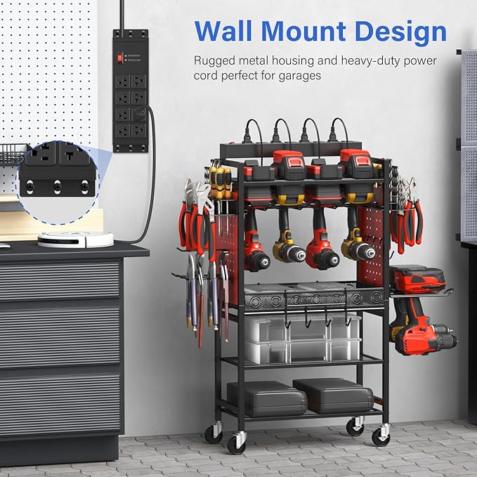 CCCEI Black Heavy Duty Power Strip Surge Protector 20 AMP, 8 Outlets 12 Gauge Industrial Shop Garage Metal Multiple Outlets, 4 FT Extension Cord 5-15P Adapter High Amp 6-20R T-Slot 20a for Appliance