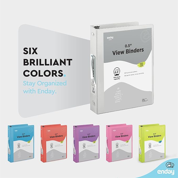 ½ Inch 3 Ring Binder Grey, .5 Inch Round Ring Clear View Cover with 2 Inside Pockets Binders, Colored School Supplies Binders, Also Available in Pink, Red, Green, Blue, and Purple (6 PC) – by Enday