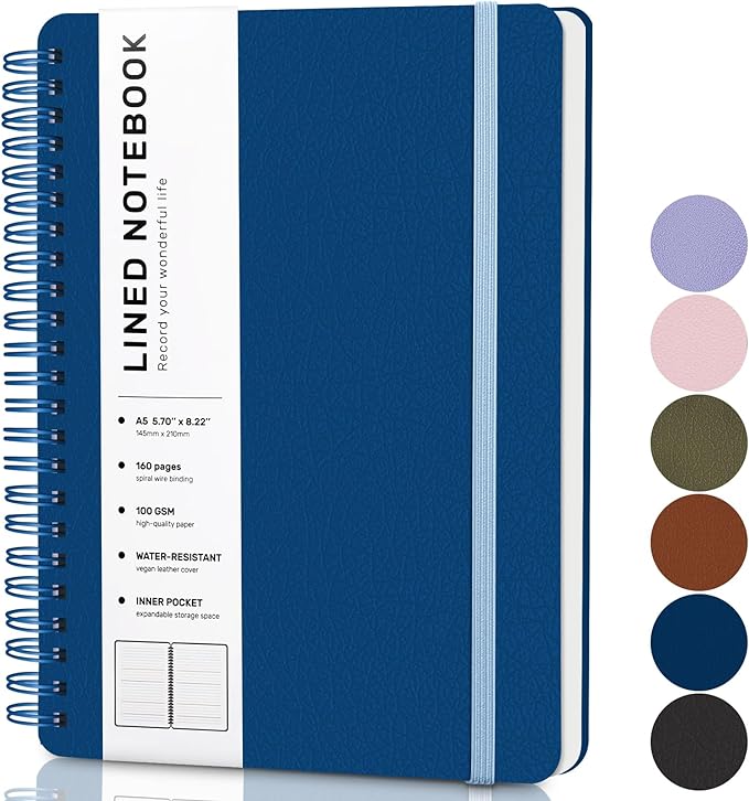 Lined Spiral Journal Notebook, A5 Hardcover Leather Notebook for Work, 5.7''×8.2'', 100GSM Thick Paper Spiral Bound Journaling Notebooks for Women & Men Office School Note Taking Business, Blue