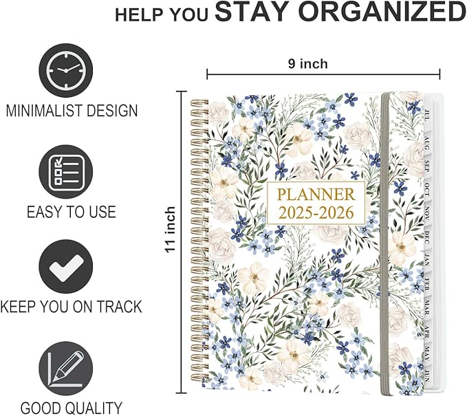 Planner 2025-2026 - Weekly & Monthly Planner from July 2025 to June 2026, Agenda 2025 2026 with Inner Pocket, Elastic Band, 8.5" x 11", Crushed Flower