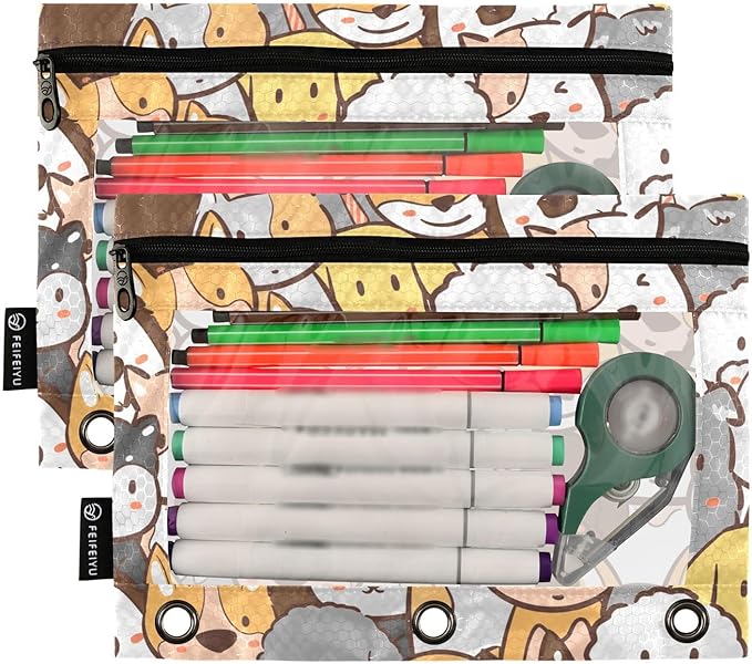 ZAZYXTJ Personalized Cute Dog Binder Pencil Pouchs 3 Ring with Zipper Clear Window Office Organizers bag for School Students Teacher Supplies 2 Pack