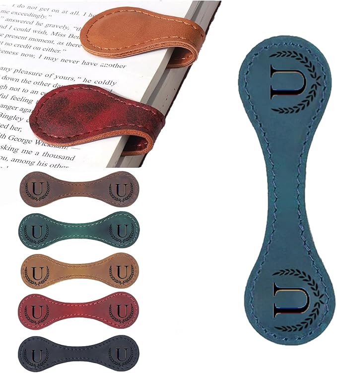 Personalized Magnetic Leather Bookmark, 26 Letters Custom Leather Bookmarks, Handmade, Leather Magnetic Bookmark for Book Lovers Readers Women Kid(Blue，U）