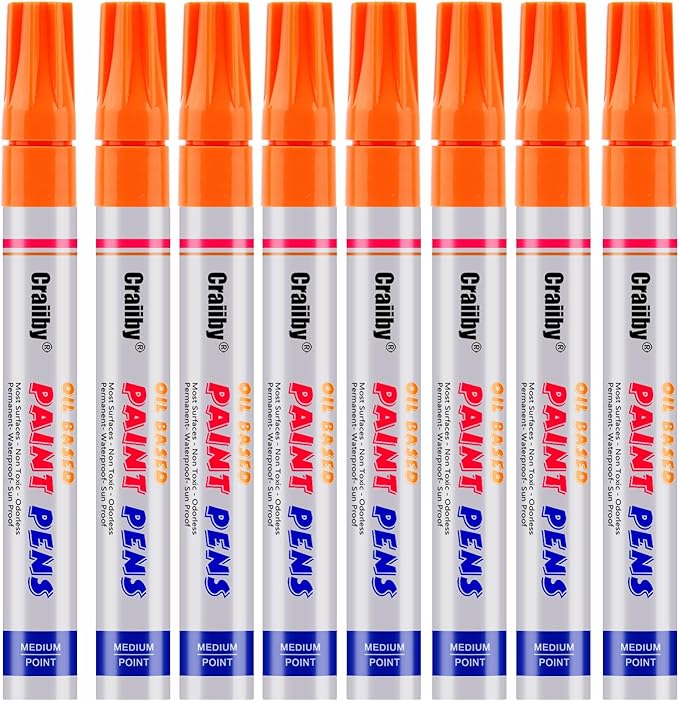 Orange Paint Markers, 8 Pack Oil-Based Waterproof Quick Dry Permanent Paint Pen Set for Rocks Painting, Wood, Fabric, Plastic, Canvas, Glass, Mugs, Metal, Tire, Stone, DIY Craft