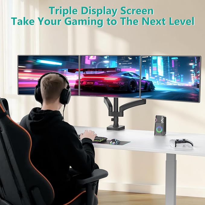 WALI Triple Monitor Mount, 3 Monitor Desk Mount with Premium Gas Spring Arm for Screens up to 27 inch, Multiple Monitors Stand with Tilt, Swivel, Rotation, Mounting Holes 75/100 mm, Black