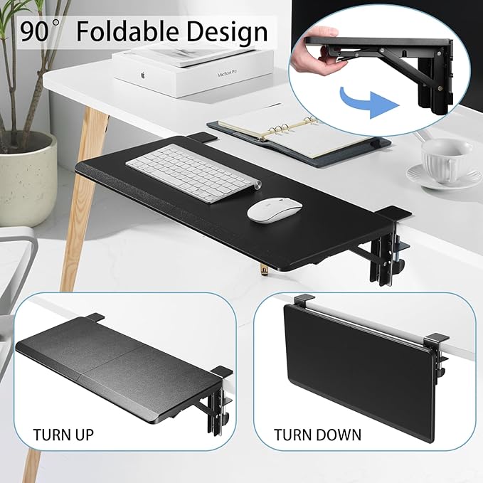 ETHU Ergonomics Desk Extender Tray, 25.6"x11.4" Large Size Foldable Keyboard Drawer Tray Clamp On, Armrest Support for Home and Office (Black)