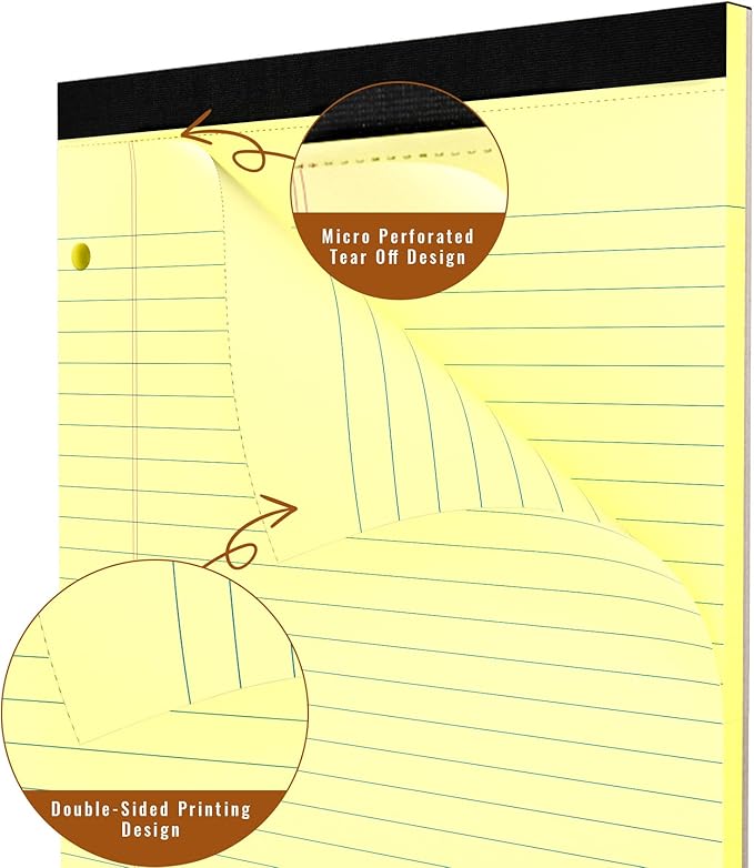 HAUTOCO 8.5 x 11 Legal Pads 2 Pack Yellow Wide Ruled Lined Writing Note Pads Perforated Notepad, 30 Sheets Per Notepad, 3-Hole Punched Paper for School, Office