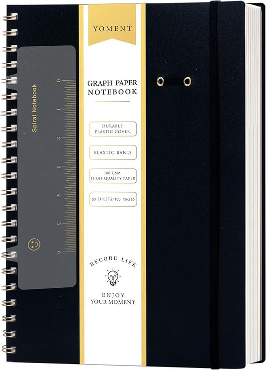 Yoment Graph Paper Notebook Spiral Notebook 8.5 x 11 A4 Large Grid Paper Notebooks, 100 GSM Thick Graph Paper, Plastic Cover Graphing Notebook for Work School Engineering, A4 Black