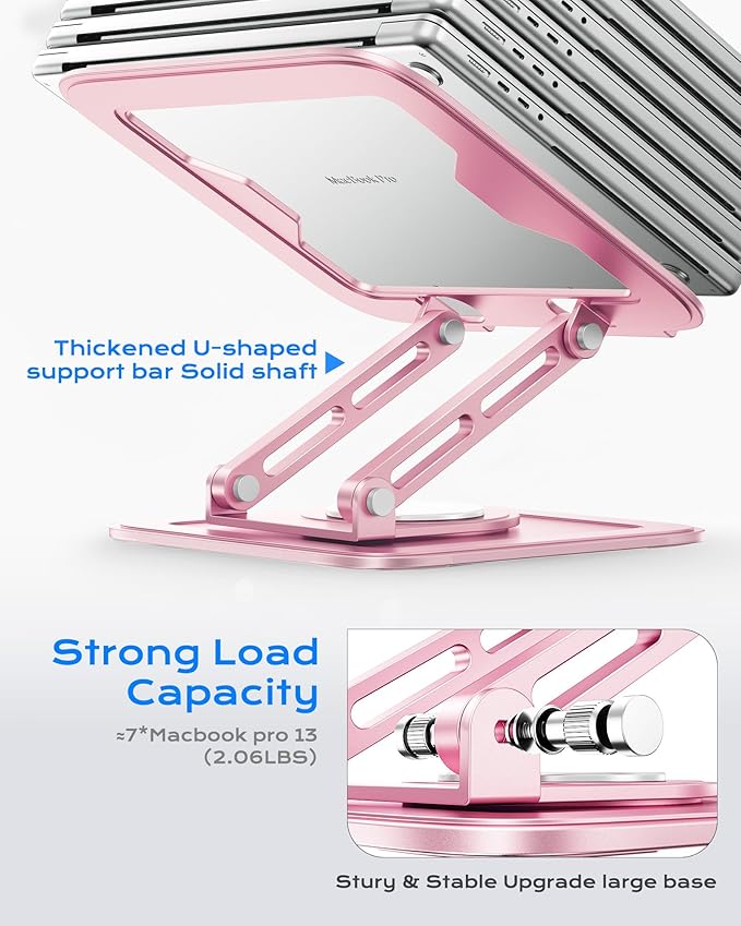 Adjustable Laptop Stand, Computer Stand with 360 Rotating Base, Ergonomic Laptop Riser Mount for Desk Foldable Protable Computer Desk Fits with MacBook Pro Air (10-16") - Pink