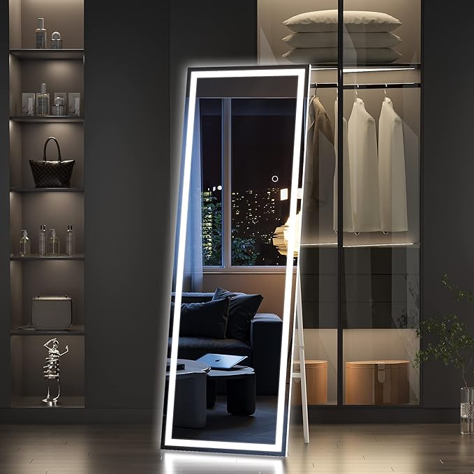Hasipu Full Length Mirror with Lights, 65" x 21.7" LED Floor Mirror, Full Body Dressing Standing, Hanging Mounted Mirror for Living Room Bedroom Cloakroom, Square White