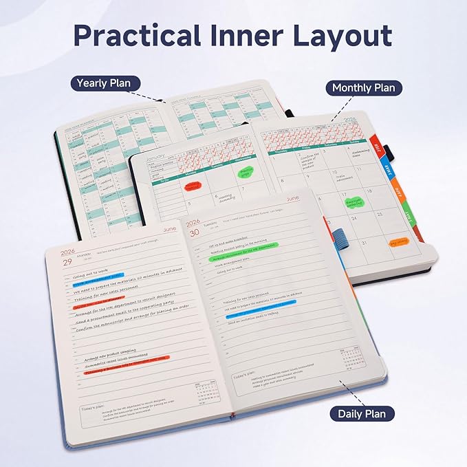 Picoway 2026 Planner A5 400 Pages - Weekly and Monthly Daily Calendar with Thick Paper, One Full Page Per Day Planners from Jan. 2026 - Dec. 2026, Hardcover Notebook ，8.3" x 5.7" (Dark Blue)