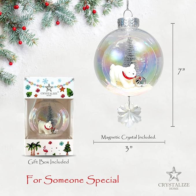 Polar Bear Christmas Ornament - Handmade Shatterproof Decorations for Indoor Outdoor Xmas Tree - Clear Ball Ornaments with Magnetic Crystal - Great Gift or Stocking Stuffer for Mom, Sister, Friend