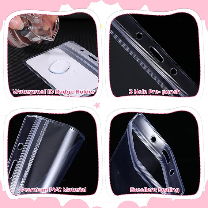 300 Pcs Clear Plastic Horizontal Name Badge ID Card Holders, 3.9 x 3.3 in Horizontal Plastic Name Tags with Waterproof Resealable Zip Transparent PVC Sleeve Cover for Office School