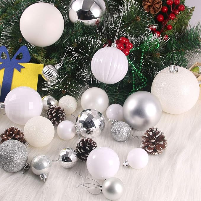 White & Silver 2.5" Christmas Balls Christmas Tree Decoration Ornaments Shatterproof Hanging Balls for Birthday Halloween Holiday Wedding Decorations Set of 18pcs
