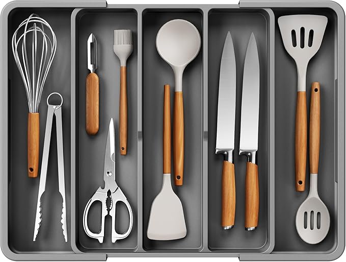 Kitsure Expandable Silverware Organizer – Large Utensil Drawer Kitchen Organization with 5 Compartments, Easy-Clean, Home & Apartment Essentials, Grey, 13.6" x 1.4"x 11.0"~19.9"