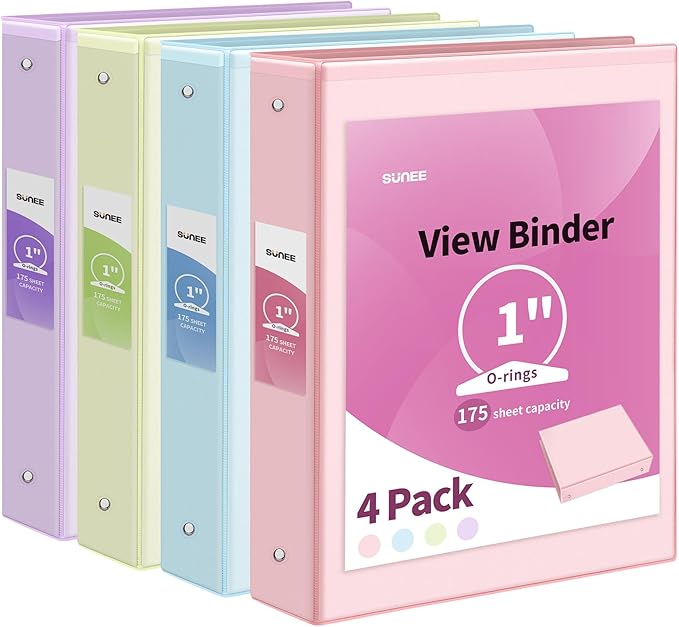 SUNEE 3 Ring Binder 1 Inch 4 Pack, Clear View 1" Binders Three Ring PVC-Free (Fit 8.5x11 Inches) for School or Office Supplies, Assorted Pastel