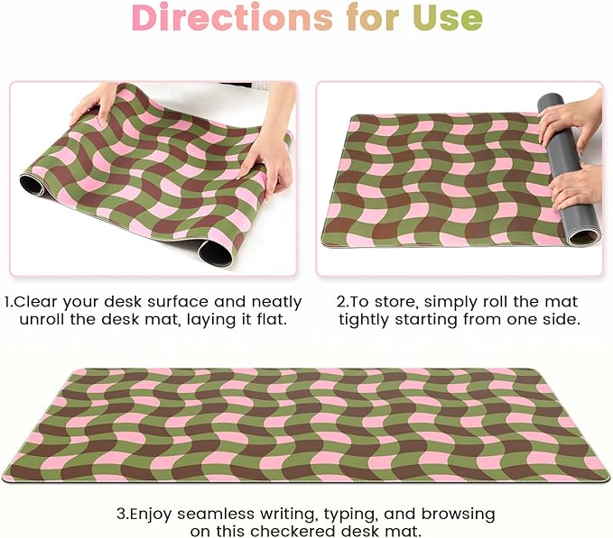 HAOCOO Checkered Desk Mat, Cute Leather Mouse Pad, 35.4" x 15.7" Keyboard Pad Office Accessories, Non-Slip Desktop Mat, Laptop Pad with Stitched Edge Desk Cover Mat(Green)