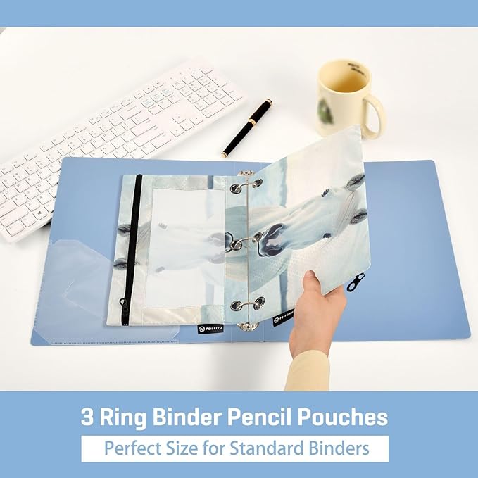 White Horse Looking Pencil Pouch for 3 Ring Binder, 2 Pack Waterproof Pencil Bags Clear Window Zipper School Office Supplies