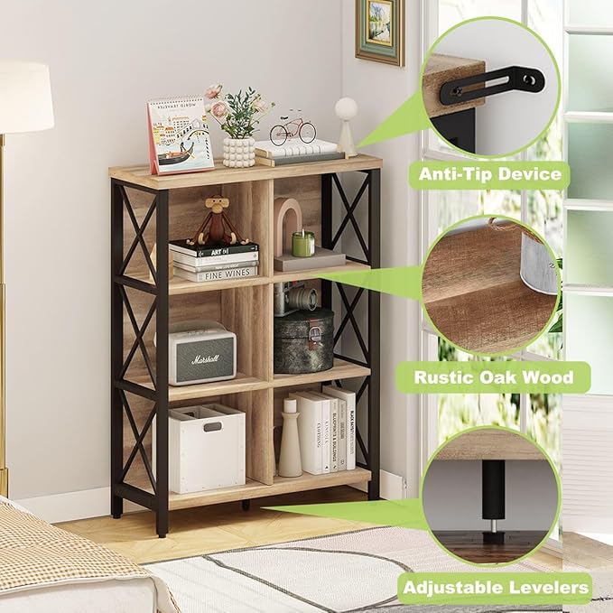 FATORRI 6 Cube Storage Organizer Shelf, Wood and Metal Cubby Bookcase, Industrial 4 Tier Cube Bookshelf (Rustic Oak)