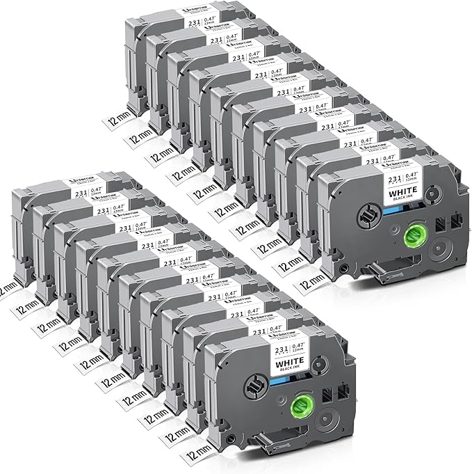 Unismar Tze 12mm 0.47 Laminated White Tape Compatible for Brother Label Maker Tape Tze-231 Work for Ptouch PT-D220 PTD210 PTH110 PTH100 PTD600 PTD200, Black on White 1/2'' x 26.2', 20 Pack