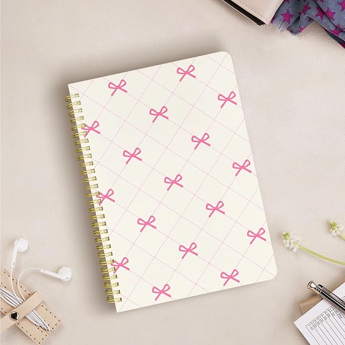 Cute Spiral Notebook journal B5 Aesthetic Pretty Design for Women Girls Kawaii with Pocket, 10 x 7.2 inch, Lined, Small Bow Tie