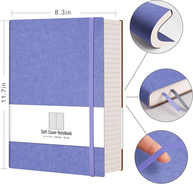 AHGXG College Ruled Notebook A4-320 Pages Large Journal 8.5''×11'', Thick Notebooks for Note Taking, 100gsm Thick Paper, Leather Softcover, for Women Men - Purple
