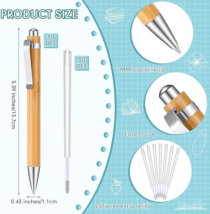 Fainne Bamboo Retractable Ballpoint Pen Engraving Wooden Black Ink 1mm Thank You Wooden Pens Writing Office School Supplies for Teacher Coworker Student Journal Graduation Gifts(30 Pcs)