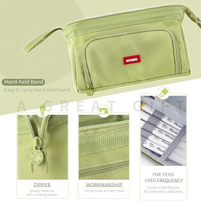 HVOMO Stationery Set,1 large-capacity pencil case,5 quick-drying pens,50 waterproof stickers,2 sticky note pads(200 sheets),1 set of 10-color index labels (200 sheets),Student stationery gift(Green)