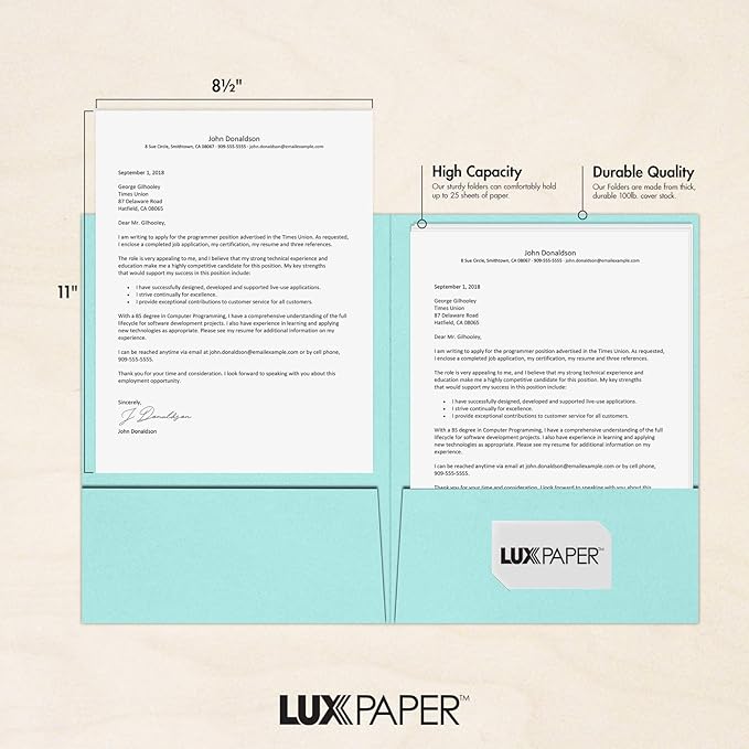 LUXPaper 9" x 12" Presentation Folders | Two Pocket | Seafoam Blue | 100lb. Cover | 25 Qty