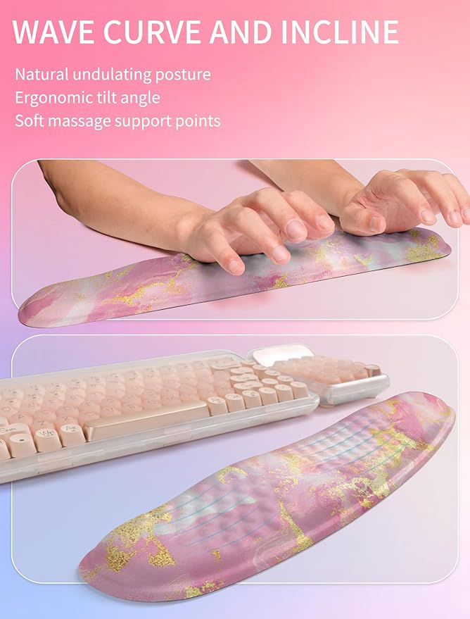 Hokafenle 2in1 Combination, Wave Keyboard Wrist Rest and Ergonomic Curvature Mouse Pad Wrist Support for Relieve Wrist Pain, Filled with Soft Cushion Memory Foam, Golden Pink Marble