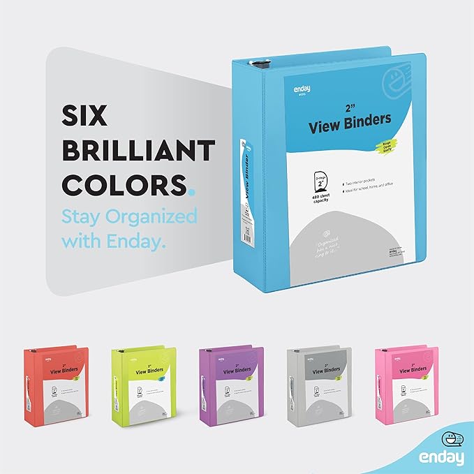 2 Inch 3 Ring Binder 2” Blue, Slant D-Ring 2 in Binder Clear View Cover with 2 Inside Pockets, Heavy Duty Colored School Supplies Office and Home Binders – by Enday