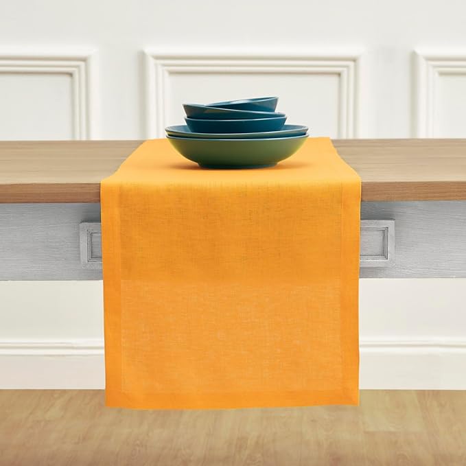 Solino Home Linen Tangerine Yellow Table Runner 120 Inches Long - 100% Pure Linen 14 x 120 Inch Table Runner - Fete