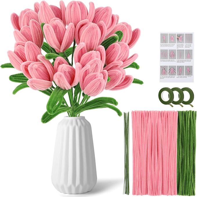 UzecPk Pink Pipe Cleaner Flower Kit Pipe Cleaner Flowers Pipe Cleaners Bulk Green Pipe Cleaners Chenille Stems Set with Floral Wire Instructions for DIY Art and Craft Projects Creative(15 Flowers)
