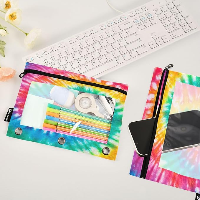 Tie Dye Pencil Pouch for 3 Ring Binder, 2 Pack Waterproof Pencil Bags Clear Window Zipper School Office Supplies