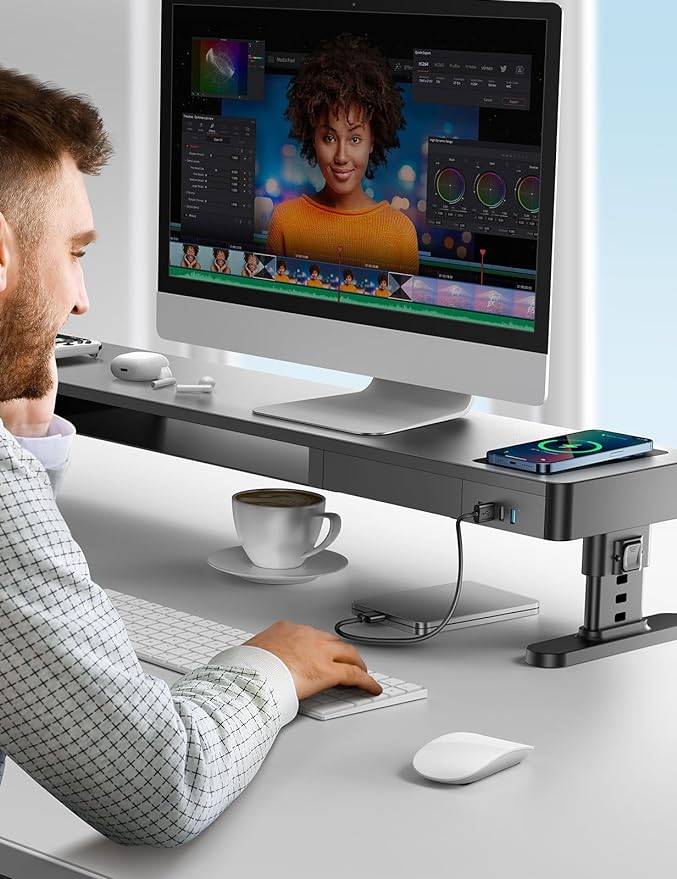 meatanty Dual Monitor Stand with 4 Adjustable Heights, Auto Phone Charging Pad, 4 USB Ports, Computer Riser with Drawers Storage, Metal Double Desk Organizer Lifter Raiser for 2 Monitors Screen Gift