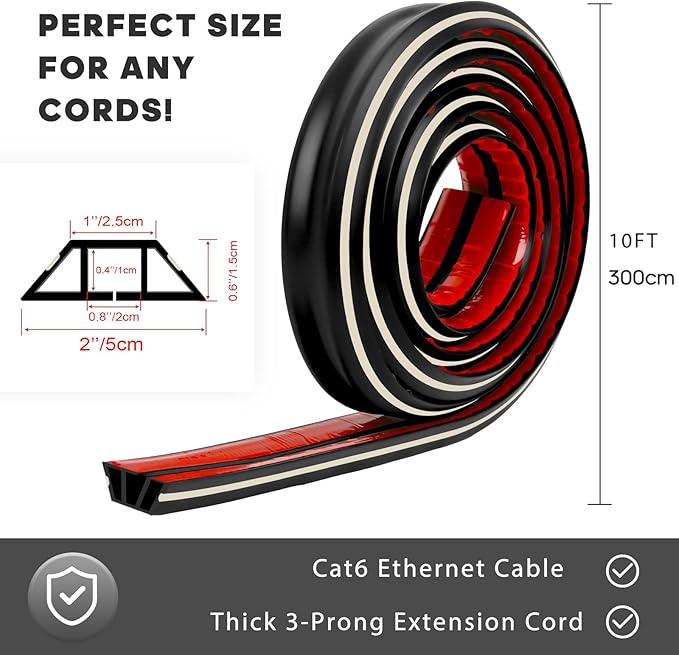 10ft Large Black Floor Cord Cover, Self-2" (W) x 0.6"(H), Cable Cavity:0.8"(W) x 0.4"(H), Adhesive Power Cable Protector, Silicone Cord Protector, Cord Management, Cord Concealer and Cable Hider
