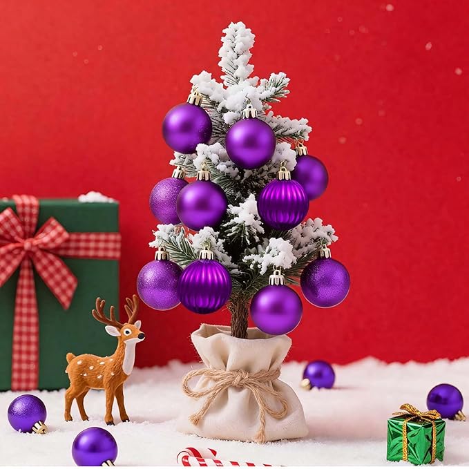 Set of 24 Small Purple Christmas Ornaments Balls for Christmas Tree, 1.2 inch Mini Purple Ornaments for Mini Tree, Plastic Shatterproof Hanging Bulbs Xmas Valentine Party Indoor Outdoor Decorations