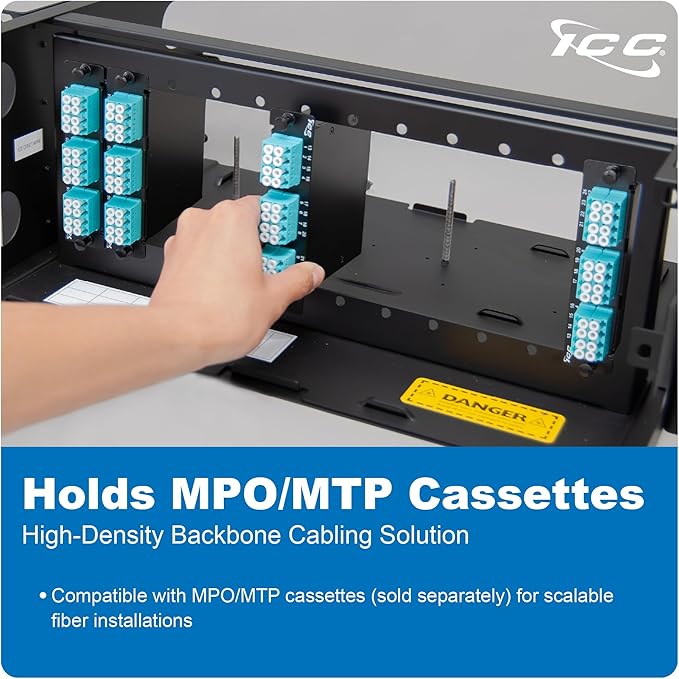 ICC 4U Fiber Optic Rack Mount Enclosure - 12 Slots for LGX Compatible Adapter Panels or Cassettes, Supports up to 288 Fibers, Fits 19-Inch Racks, Secure Fiber Management Solution, ICFORET4RM