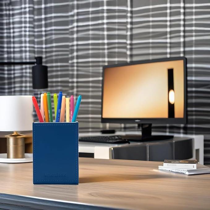 UnionBasic Square Pen Holder, Leather Pencil Cup, Desktop Caddy Stationery Organizer, True Blue