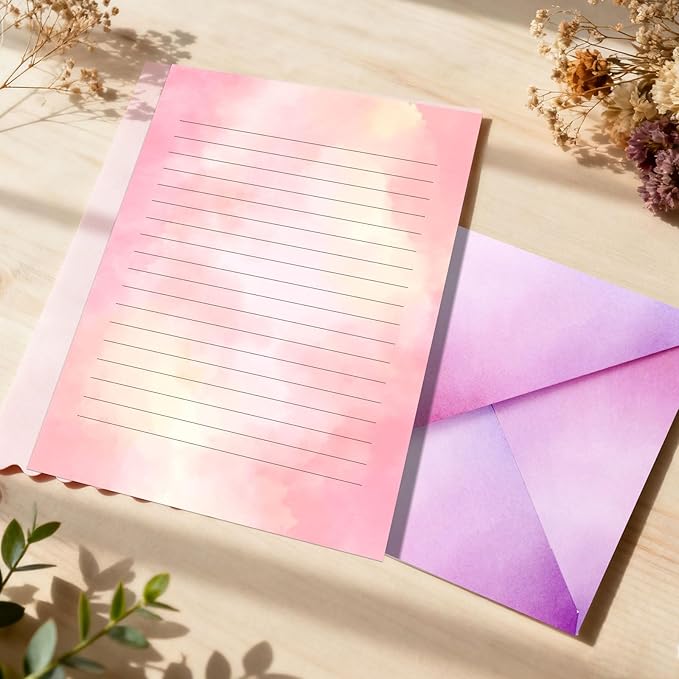 Watercolor Stationary Letter and Envelopes, 24 Lined Writing Paper with 12 Matching Envelopes, Double-Sided Printing, Multicolor, 8.3 x 5.5 Inches, 36 Pieces