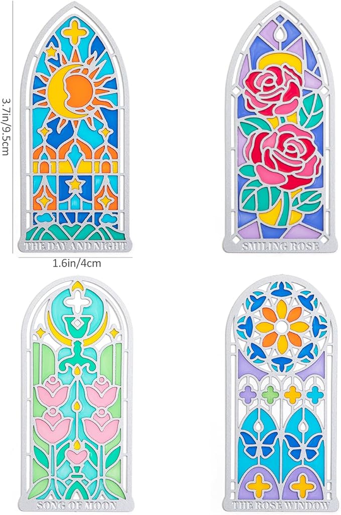 4 Pcs Stained Glass Window Metal Bookmark, Elegant Religious Christian Book Mark Gift for Bible Readers, Handmade Transparent Gothic Arch Bookmarks for Women Men, Lightweight Durable Bible Accessories