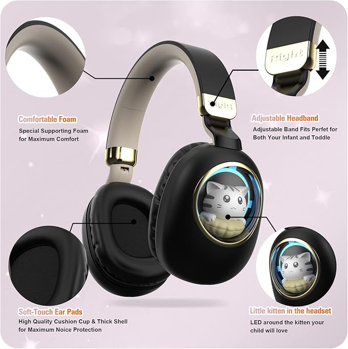 Kids Bluetooth Headphones - Light Up Cat Over Ear Kids Wireless Noise Cancelling Headphones with Microphone for Kids for School Gaming Headset Headphones for IPad Kindle Tablet PC Travel (Black Gold)