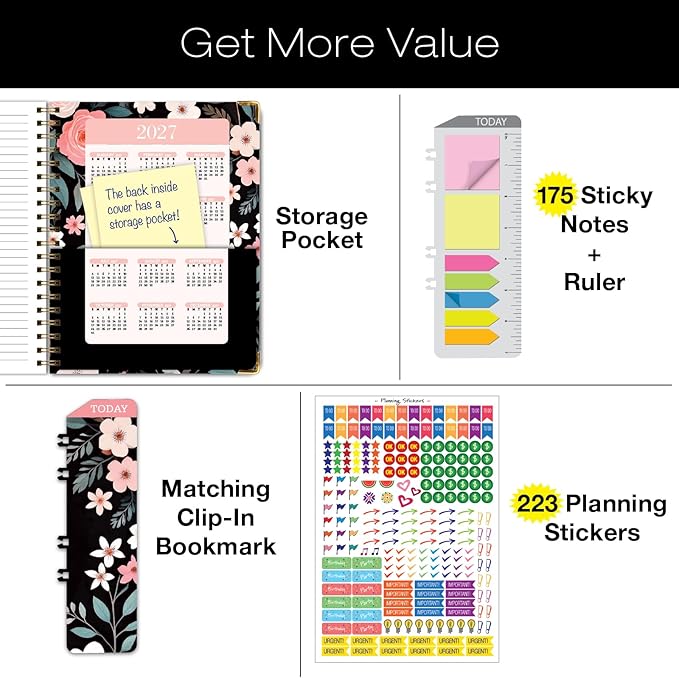 HARDCOVER 2026 Planner, 8.5"x11": 14 Months (November 2025 - December 2026), Daily Weekly Monthly Planner, Yearly Agenda, Bookmark, Pocket Folder and Sticky Note Set (Black Floral Pink)